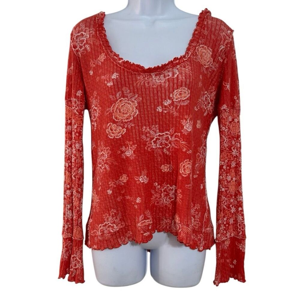 We The Free by Free People Red Floral Thermal Long Sleeve Boho Top L